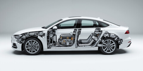 A meticulously detailed exploded view diagram of a complex car engine, with all its various components and parts gracefully floating in mid-air, each