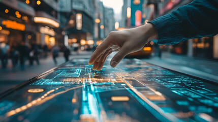 Hand Interacting with Futuristic City Map Interactive Display