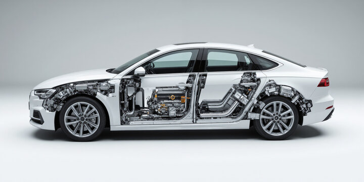 A meticulously detailed exploded view diagram of a complex car engine, with all its various components and parts gracefully floating in mid-air, each