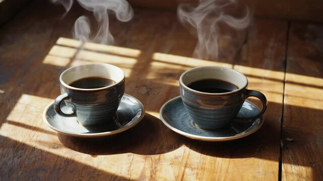 Coffee for Two: Artistic Close-Up of Cups on Wooden Table