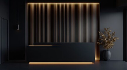 Modern, minimalist reception area with a dark color scheme.  Warm lighting accents the wooden wall panels