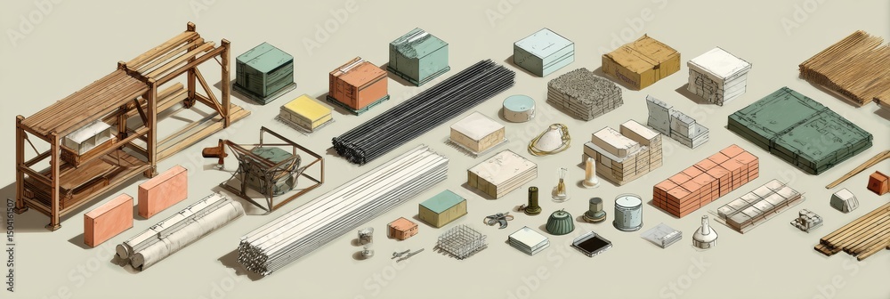 Poster construction materials layout in isometric style showcases various supplies and tools for building p