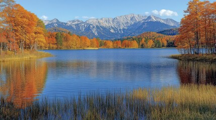 Autumn lake with vibrant foliage reflecting on calm water, snow-capped mountains in the distance