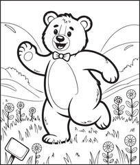 Fototapeta premium Cute cartoon cheerful bear dancing in nature drawing line art vector for children animal coloring book design