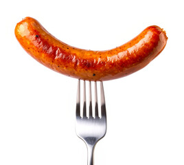 Grilled sausage on a fork isolated on white background