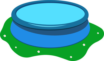 Round inflatable pool with water. Bathing area.