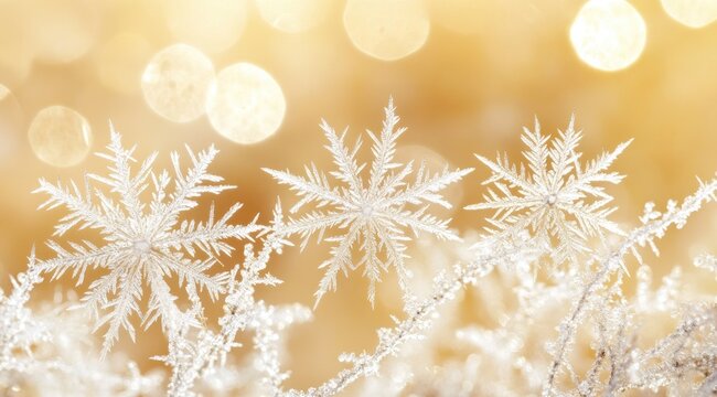 Frosted snowflakes against a warm golden bokeh background