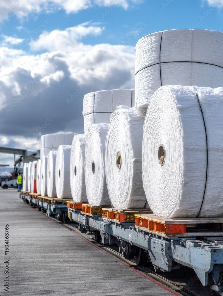 Poster stretch-wrapped insulation rolls arranged on a cargo platform under a cloudy sky during daylight hou