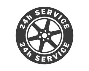 Obraz premium Car tire service 24 7 icon symbol. Car garage workshop tyre wheel fixing logo sign. Vector illustration image. Isolated on white background.