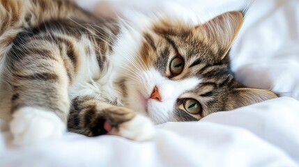 Peaceful Sleeping Tabby Cat with Striped Fur Lying Comfortably, Adorable Tabby Cat Relaxing Comfortably on Soft White Blanket, 8 august international cat day