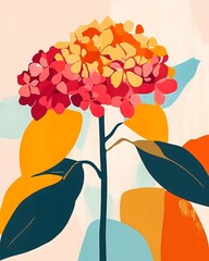 Colorful Floral Abstract: A vibrant and artistic depiction of a hydrangea flower, rendered in bold colors and abstract shapes. This image showcases the natural beauty and intricate details of nature.
