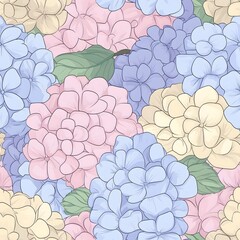 Hydrangea Bloom: A vibrant seamless pattern of colorful hydrangeas intertwines in a lush floral display, rendered with delicate lines and soft pastel hues, evoke the essence of a blooming garden.