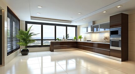 Modern kitchen with city views