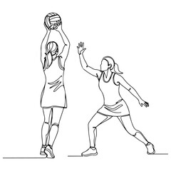 Two women are playing netball, one is throwing the ball while other defends, simple line drawing. Vector illustration - obrazy, fototapety, plakaty