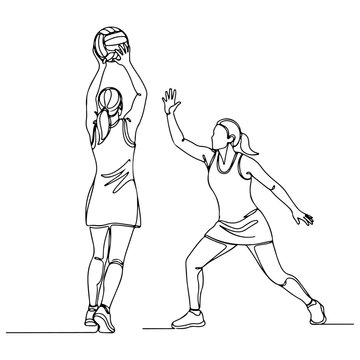 Two women are playing netball, one is throwing the ball while other defends, simple line drawing. Vector illustration