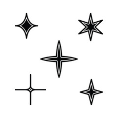 Outlined Sparkle Star Vector Set, Black Filled Stars with White Stroke for Modern Design.