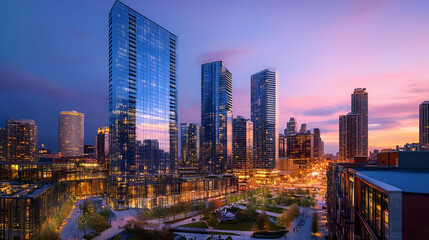 Modern City Skyline at Sunset with Illuminated Highrises