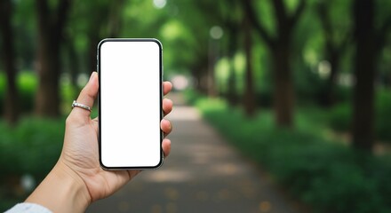 Hand holding phone with a blank screen in nature to show the screen's content