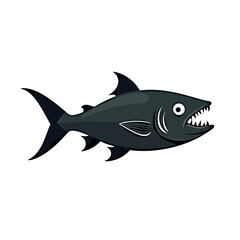 Obraz premium Cartoon Illustration of an Aggressive Black Fish with Sharp Teeth and White Eyes on a White Background