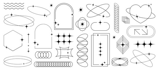 Vector set of abstract geometric line elements, including aesthetic sparkles, dynamic waves, and futuristic frames in a contemporary and minimalistic design