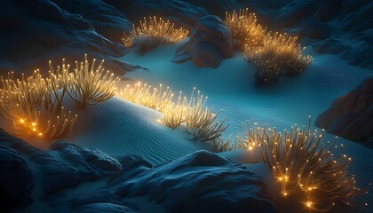 Abstract glowing flowers in the desert, night desert illustration