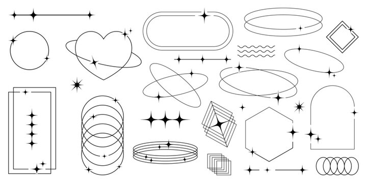Set of abstract vectors geometric line elements, including aesthetic sparkles, dynamic waves, and futuristic frames in a contemporary and minimalistic design