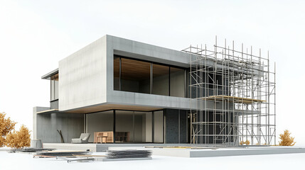 Modern Concrete House Under Construction with Scaffolding