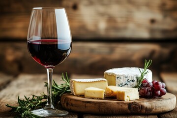Cheese platter with red wine and herbs