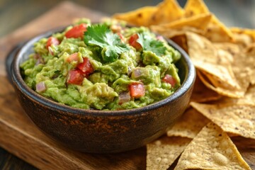 Fresh guacamole with ingredients and chips