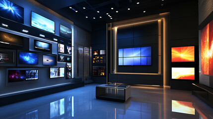 Modern Gallery Interior with Vibrant Screens and Dark Walls