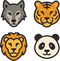 Cute Animal Face Icons Featuring Wolf, Tiger, Lion, and Panda