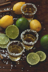 Tequila shots with lime and lemon on wooden table