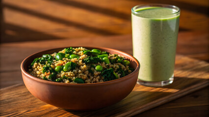 Healthy eating with bowl of quinoa broccoli edamame and green smoothie on wooden tableflax smoothie detox
