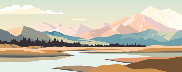 Steppe mountains and river, vector landscape illustration. Beautiful mountains and amazing steppe with forest and river. River on background of mountains and forest.