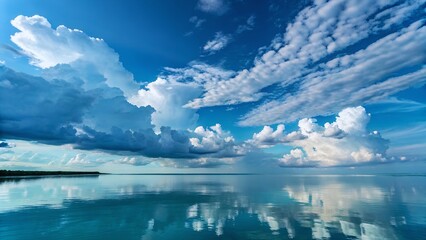 Dramatic cloudscape reflected in calm ocean water
