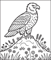 Fototapeta premium Eagle sitting on mountain in natural view scene coloring page for kids and children