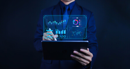 
Business analyst using dashboard for data analysis report graph and chart business finance data analysis digital marketing financial management technology cyberspace metaverse 