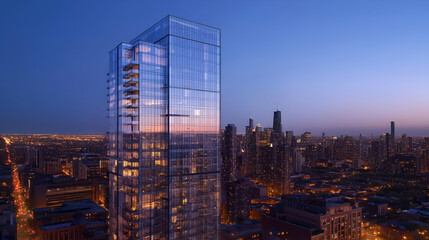 Obraz premium Modern Glass Skyscraper at Twilight in City