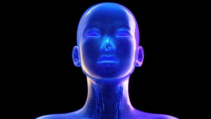 Futuristic Wireframe Female Head, Digital Anatomy, Blue Purple Glow