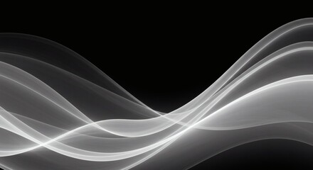 Ethereal white waves flow across a stark black background, creating a sense of movement and depth.