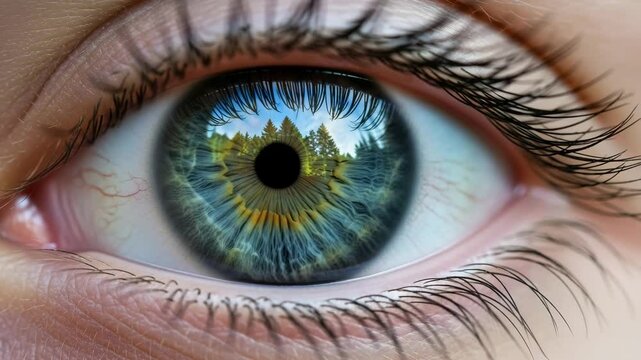 Close-up of a human eye reflecting a vibrant natural landscape. The iris displays shades of blue and green, symbolizing nature and conservation.