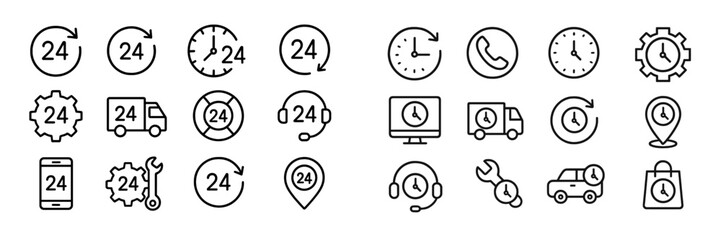 Various clock and service icons representing 24/7 availability in different sectors including delivery, support, and technology