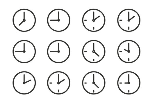Multiple wall clocks displaying various times arranged in a grid format for visual reference