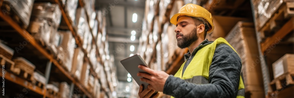 Poster Worker Checks Inventory on Tablet in a Warehouse With Pallets in the Background During Daytime Hours at a Distribution Center