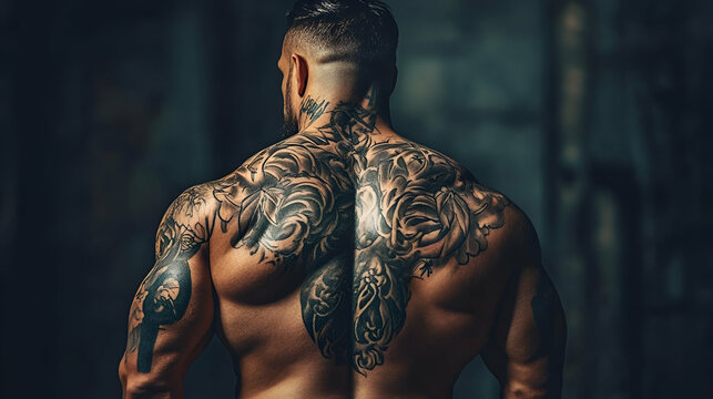Muscular Man with Intricate Back Tattoo in Dark Setting