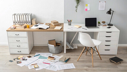 Office desk split into two styles: one messy and chaotic, the other minimalist and clean, concept of productivity and organization