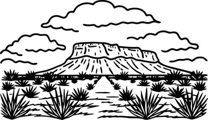 Fototapeta premium desert landscape illustration with mesa and clouds, native vegetation in black line art