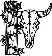 Obraz premium western cow skull and barbed wire on post rustic illustration, vintage southwestern art
