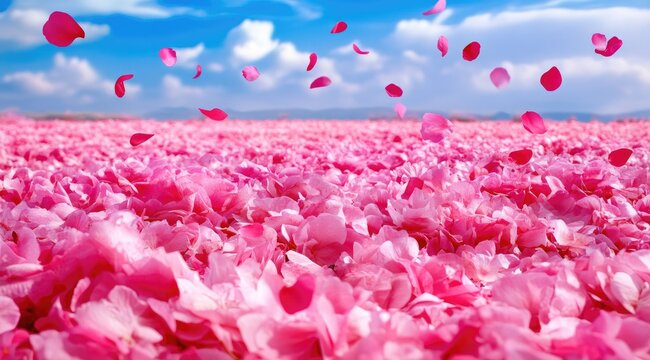 Pink rose petals blanket a field under a clear blue sky