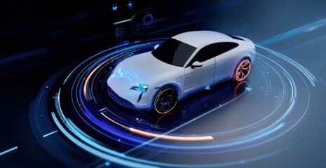 Futuristic White Electric Car with Digital Interface and Neon Lights